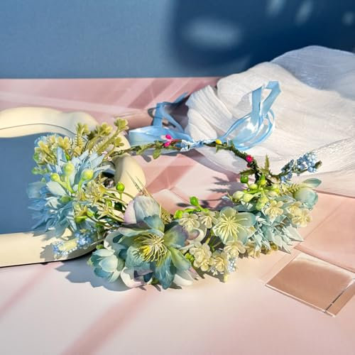 champracer Blumenkranz Haare, Blumenstirnband Verstellbarer, Blumen Haarkranz Mit Band Blumen HaarbäNder, Damen MäDchen für Festival Party Hochzeit Strand (Blaues Gänseblümchen)