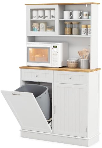 GOPLUS Küchenschrank hoch, Hochschrank mit Mülleimerhalter, ohne Mülleimer, Vitrinenschrank mit Arbeitsplatte, Türen, Regalen & Schubladen, Buffetschrank, Aufbewahrungsschrank für Küchen (Weiß)