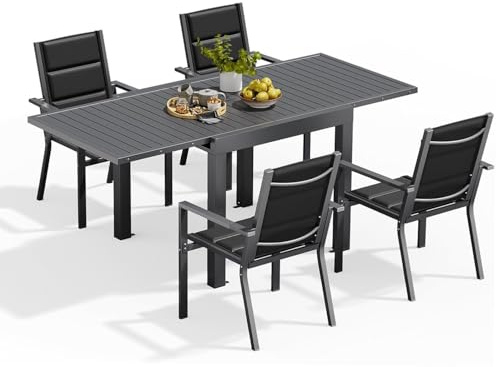 Devoko Conjunto Jardin Exterior 4 Personas, Mesa y Sillas De Comedor De Aluminio 4+1, 4 Sillas Apilables de Aluminio y 1 80-160CM Mesa Jardin Extensible, Muebles Jardin, Gris Oscuro