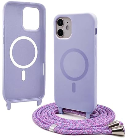 Bigcousin Handykette für iPhone 12 Hülle mit Band,Magnetisch kompatibel mit Magsafe,Silikon Necklace Handyhülle mit verstellbar und abnehmbar,Lila