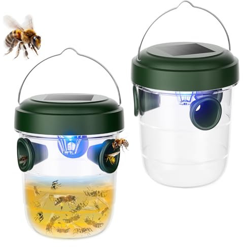 Wasp Traps Outdoor Hanging 2 Packs, Solar Powered Carpenter Bee Trap Yellow Jacket Hornet Catcher with LED Light, Reusable Wasp Deterrent Outdoor for Garden, Patio, Backyard, Camping
