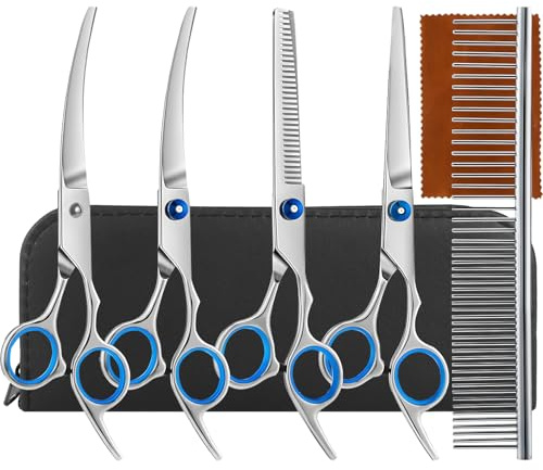 GTNCE Ensemble de ciseaux de toilettage 5 en 1 avec pointe ronde de sécurité, kit de toilettage professionnel en acier inoxydable pour chiens, chats, comprend des ciseaux courbés, droits, à effiler et