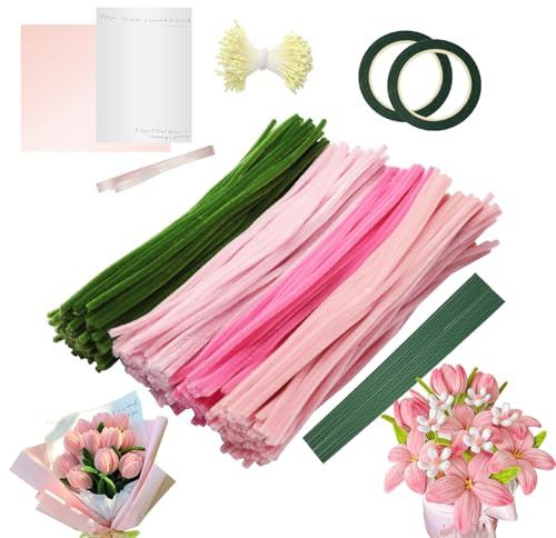 Assiduous 400 Stück Pfeifenputzer zum Basteln - Pfeifenreiniger zum Basteln,Rosa Tulip Bouquet Pfeifenreiniger Set, 4 Farben Pipe Cleaner mit 20 Stück Grünem Bastelfaden, für Blumenstrauß DIY Basteln