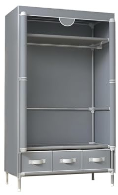 Portable Oxford Fabric Wardrobe | Light Grey Storage Organizer with Hanging Rod, Shelves & 3 Drawers | Waterproof, Dustproof, Space-Saving Design No-Tool Assembly - 35.4 x 17.7 x 67 ‘’
