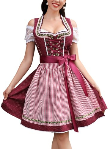 YesFashion Dirndl Damen Dirndlkleid 3tlg Midi Trachtenkleid Trachtenrock Trachtenmode Kleid Dirndlbluse für Oktoberfest,Burgund,36
