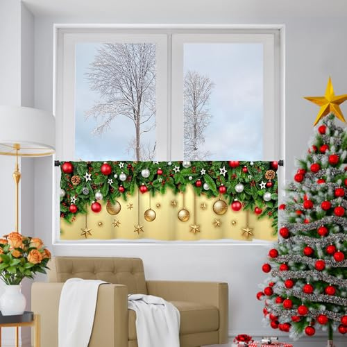 Yujiao Mao Vorhang für Weihnachten, blickdicht, für kleines Fenster, Weihnachtskugel-Druck, festliche Dekoration für Küche, Esszimmer und Badezimmer, 1 Stück, HxBxL 45 x 230 cm