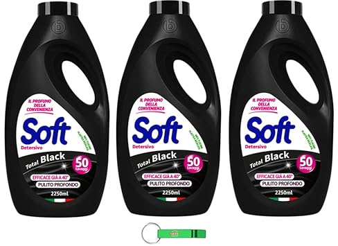 3x Soft Waschmittel Total Schwarz Detersivo Lavatrice - Flüssigwaschmittel - 50 Wäschen 2250ml + Beni Culinari Kostenloser Schlüsselanhänger
