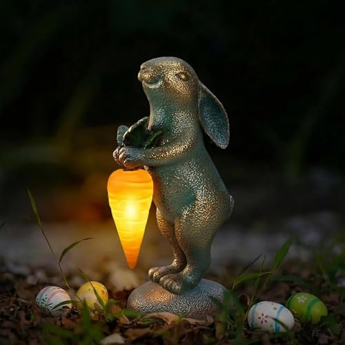 PETAFLOP Cute Garden Decor Bunny Statue with Solar Carrot, Outdoor Rabbit Figurines for Patio Balcony Lawn Porch Yard Decorations, Birthday Housewarming Gifts for Father Women Mom Grandma