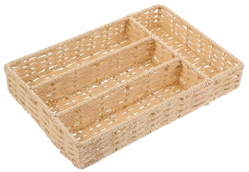 TOBBOMEY Organizer per Cucina Beige in Filo di Ferro e Corda di Carta, Cestino Portaposate Resistente senza Odori, per Posate Inox e Utensili da Cucina