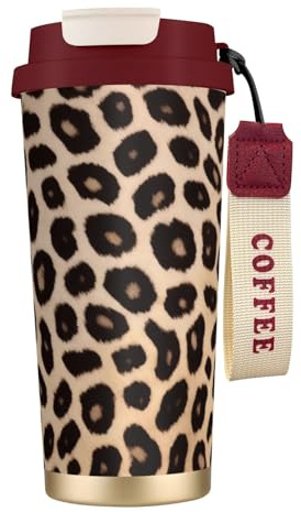 KHDKLXOHZ Leopard Pattern Print 16 Oz(500ml) Travel Mug with Leakproof Lid and Straw, Insulated Coffee Cup, Double Wall Vacuum Stainless Steel Thermal Mug for Hot and Cold Drinks