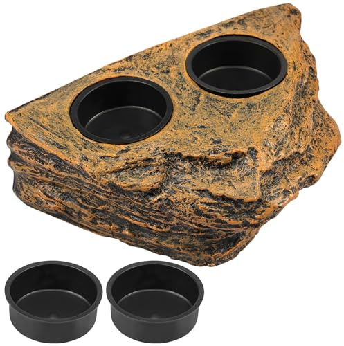 Magnetic Reptile Feeder Ledge, Natural Rock Gecko Food and Water Bowl Set with 4 Feeding Cups & 2 Strong Magnets, Double Dish Arboreal Vivarium Terrarium Accessories for Crested Gecko Lizards