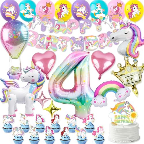 Einhorn Deko-Set Kindergeburtstag 4 Jahre - Komplettes Party Set mit 4D Luftballons, Banner & Tortendeko - Geburtstagsdeko für Mädchen, Einhorn Geschenk