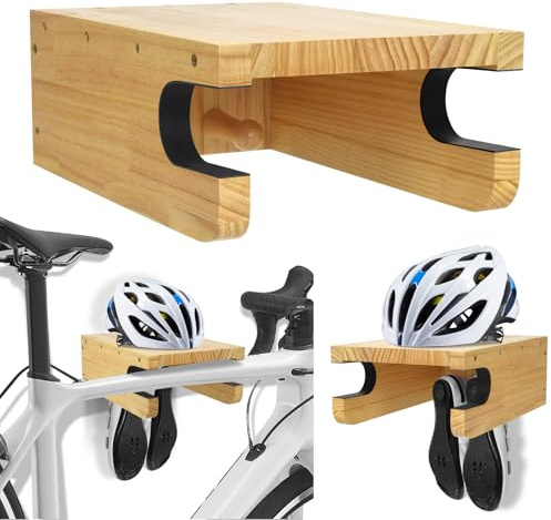 Krotour Wooden Bike Wall Mount Rack with Shelf and Hooks for Home, Space-Saving Indoor Horizontal Bike Storage Rack for Garage, Wood Wall Mounted Bike Hangers for Single Road, Mountain Bicycle