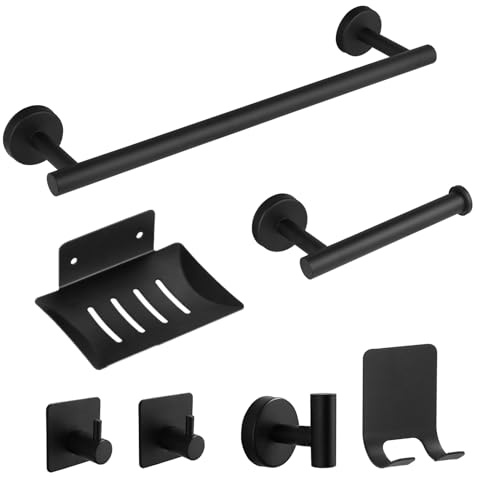 Toallero de Baño, Accesorios baño, Que Incluye 1 toallero, 1 portarrollos, 4 Ganchos y 1 jabonero. El Set de 7 Accesorios para baño te Brinda una Experiencia Multifuncional excepcional (Negro)