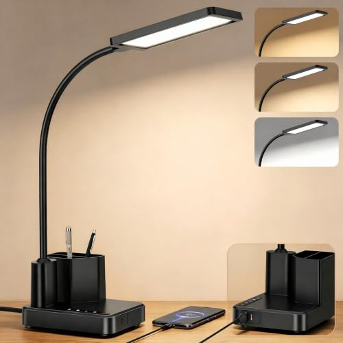 ALACOO 15W Dimmbar LED Schreibtischlampe mit USB-C Ladeanschluss, Schwarz | Hohe Helligkeit, 360° Schwanenhals, Stifthalter, 9 Beleuchtungsmodi, 60 Min. Timer, Augenschutz, fürs Büro, Lesen