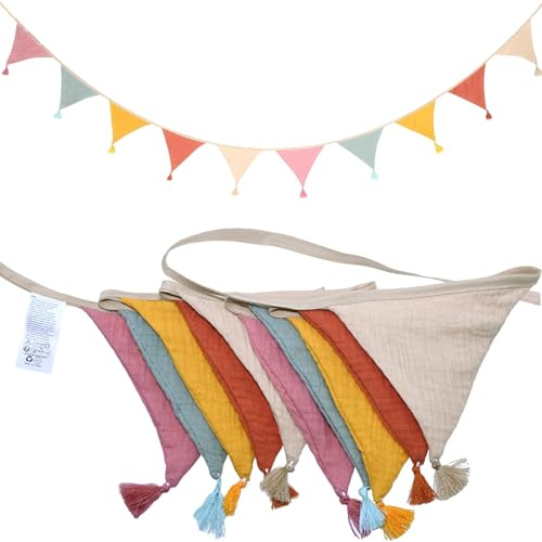 LumenPoles Wimpelkette, Stoff Wimpelkette Kinderzimmer, 2.6m | Musselin Baumwolle Girlande, Babyzimmer Deko mit Quasten, Wimpelgirlande für Hausbett, Babybett, Kinderbett, Wanddeko