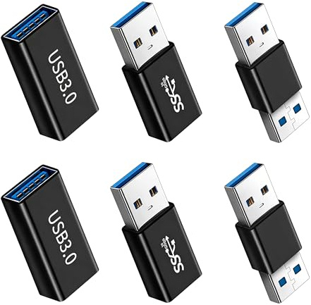 AYHYHLJZJ Lote de 6 adaptadores USB 3.0 Tipo A (Hembra‑Hembra/Macho‑Macho/Macho‑A Tipo‑C), acopladores de Alta Velocidad 5 Gbit/s, 5V/3A, Carcasa de Aluminio Negra; Extensores y adaptadores OTG