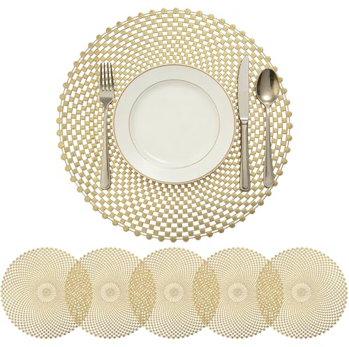 PWGHWG 6 Stück Platzset Rund 38 × 38 cm Tischset Gold, Runde Tischsets mit Durchbrochenes Design, PVC Platzsets Abwaschbar für Küche Esszimmer Bankett Veranstaltungen