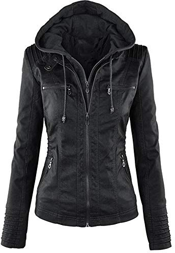 Newbestyle Damen-Jacke mit Kapuze, Lederjacke, Langarm, kurz, Reißverschluss, Motorrad-Stil Gr. XS, Schwarz