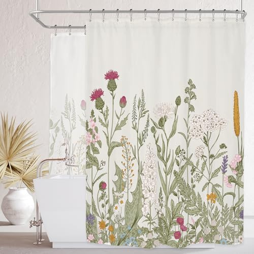 Riyidecor Clawfoot Tub Extra Wide Shower Curtain 180Wx70H Inch Wrap All Around Circular Round Floral Wildflower Botanical Tulip Plants Ivy Herbs Decor Bathroom Polyester Waterproof Metal Hooks 32 Pack