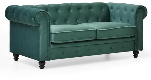 Menzzo Grand canapé 2 Places Chesterfield – Velours Vert – L180 x P85 x H78 cm – Style Classique Chic pour Salon
