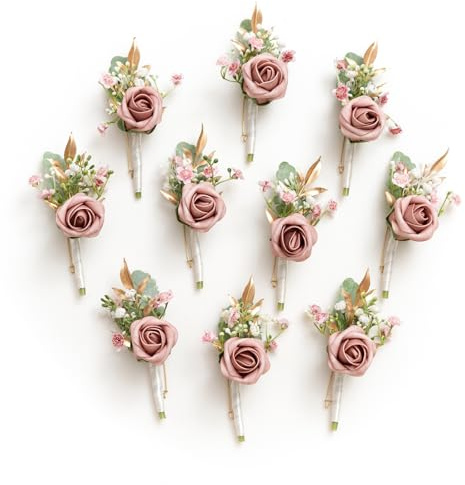 Ling's Moment Boutonniere for Men, 10pcs Groomsmen Guest Boutonniere, Artificial Flowers for Wedding Décor/Prom/Homecoming,etc.Dusty Rose Pink