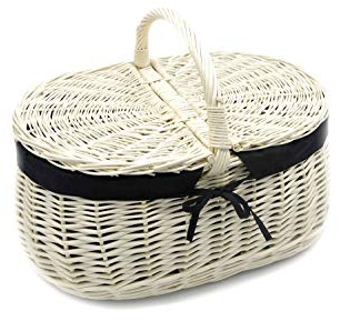 MyBer® Weidenkorb Korb aus Weide mit Stoffeinlage Picknickkorb Pilzkorb Autokorb Ausflugskorb Tragekorb mit 2 Deckeln Vollweide weiß Einkaufskorb geflochten K13-030-SS