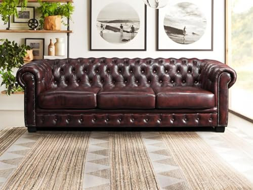 Vente-unique Linea Sofa Chesterfield Ledersofa 4-Sitzer - B«¨ffelleder - Rotbraun - Brenton