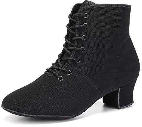HROYL Botines de Baile Latino Mujer con Tacón Bajo Zapatos de Baile Salsa y Bachata de Salon Negro-5-S,EU 39