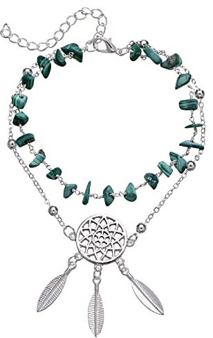 Dishowme Bohème Feuille Glands Cheville Turquoise Couches Plume Cheville Bracelet Creux Fleur Plage Pied Chaîne Bijoux pour Femmes Filles Ados