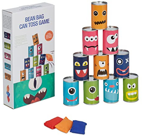 Relaxdays Dosenwerfen Monster, Büchsenwerfen für Kindergeburtstage, 10 Blechdosen & 3 Wurfsäcke, Wurfspiel Garten, bunt