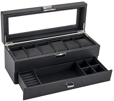Uhrenkoffer Uhrenrolle Uhrenbox Uhrenschatulle Uhrenbox Aus PU-Leder, Doppellagig, Mit 6 Fächern, Mit Schublade, Transparentem Deckel, Abschließbarer Sonnenbrillen-Aufbewahrungsbox Uhrenetui Uhren Auf