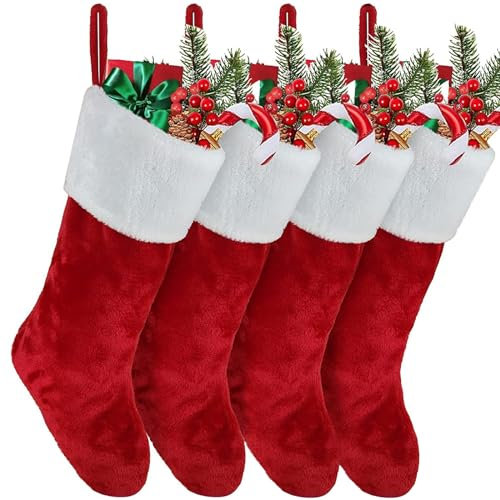 Hileyu Christmas Stocking Set of 4,Plush Xmas Stockings,Personalised Christmas Stockings,Velvet Effect Stockings Christmas,Hanging Sock Candy Gift Bags for Family Christmas Holiday Decoration
