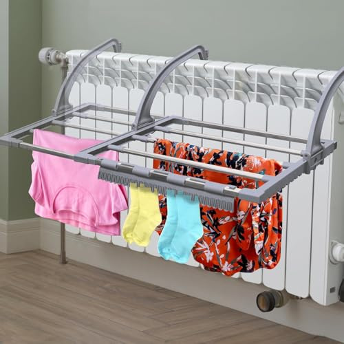 EPISENT Extendable Radiator Airer Clothes Drying Rack, Adjustable Hanging Dryer for Indoor Laundry, Foldable Clothes Airer for Radiator, Towel Rail & Balcony Use (Grey)