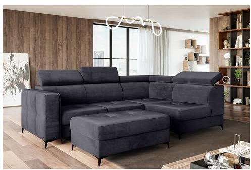MEBLINI Schlafcouch mit Bettkasten - Ecksofa mit Schlaffunktion - Sofa mit Relaxfunktion und Kopfstützen - Couch L-Form - Eckcouch - Wohnlandschaft - Dorian - 263x232x89cm Rechts - Dunkelgrau Samt