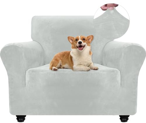 Ystyle Elastischer Samt Sofabezug 1 Sitzer, Splittergrau | Stretch Sofa Überzug, Sofaschoner Rutschfest, Couch Überzug, Sofa Cover mit Armlehnen, Sesselschoner Sofaschutz Katze