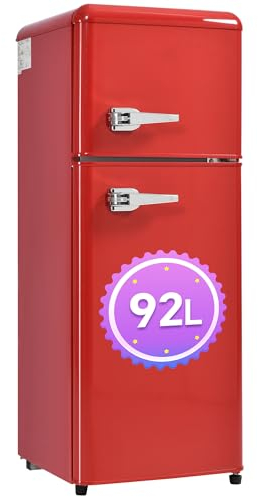 DRIXNO Retro-Kühlschrank. Kühl-Gefrier-Kombination, 105.5 cm hoch, 41 cm breit, zweitürig, mit 92 Liter Gesamtvolumen, 28 Liter Gefriervolumen. Türregale und Glasregale. 181 kWh/Jahr,