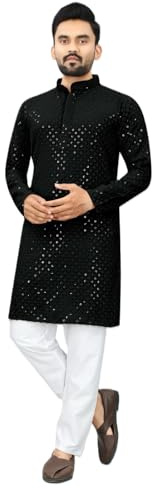Estationeryhouse Kurta pyjamas i bomull med rak passform för män (gul) tungt broderiarbete fram och bak (levereras med vit pyjamas), Svart, 3XL