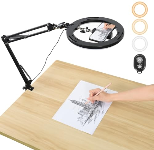 Luce ad anello da scrivania con supporto e supporto per telefono UTEBIT con luce ad anello per selfie da 10, supporto a braccio flessibile e articolato con morsetto a C per fotografia