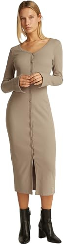 Calvin Klein Donna Abito Woven Label Rib Woven Label Rib Chiusura con Bottoni, Beige (Taupe Gray), L