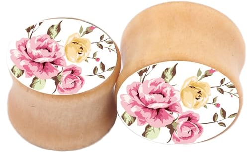 2Pcs Tunnel Ohr 10mm Holz, Tunnel Frauen Braun Rosa Pfingstrosen-Blumenmuster Ohrloch Stecher Set