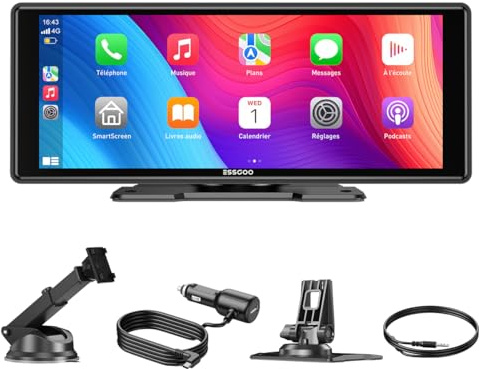 ESSGOO Carplay Voiture, Supporte A-pple Carplay sans Fil et Android Auto, Écran Tactile IPS de 10.26 Pouces avec Capteur de Lumière, Prend en Charge Mirror Link, Assistants G-oogle et Siri,Double USB