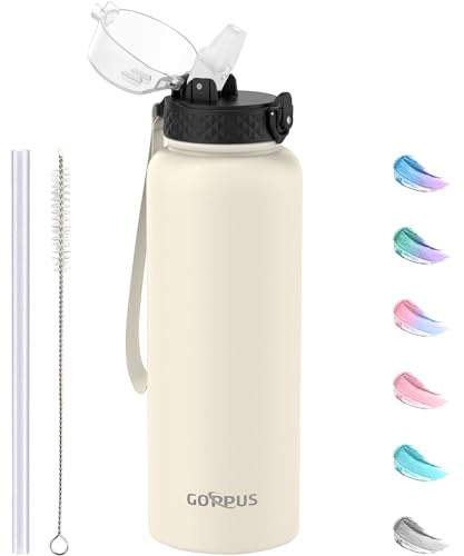 GOPPUS 1.2L/40oz Stainless Water Bottle with Straw Double Wall Insulated Bottles with Strap Large Vacuum Thermal Flask Leakproof Keep Cold Drinks Bottles with Flip Top Lid for Men Women BPA Free