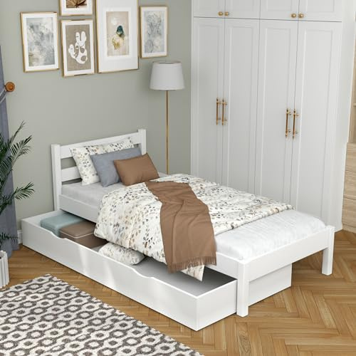 N-wood N01 Bett 80x200 cm mit Schublade, 100% aus Holz, Bettgestel mit lattenrost, Einzelbett für Kinder, Jugendliche und Erwachsene, sichere abgerundete Kanten, Weiß