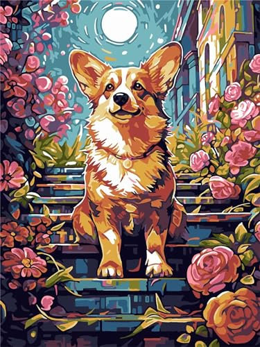 Aimaor Malen Nach Zahlen Erwachsene,Blumenhund Paint by Numbers Adult Bastelset Malen-Nach-Zahlen Kinder Anfänger Leinwand Kreativ Set DIY Set Malen nach Zahlen（DIY Frame） 50x65cm