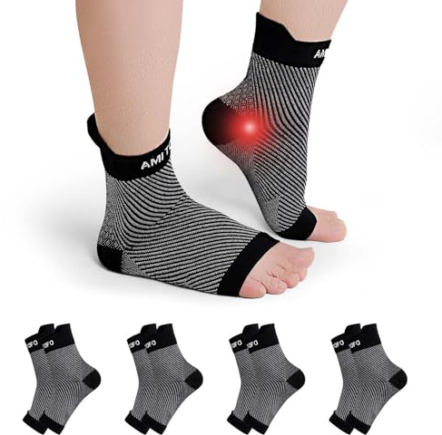 PUTUO Calze Fascite Plantare per Donna: Calzini per Neuropatia Uomo Cavigliera Sportiva per Distorsione - Tutore Supporto per Caviglia Nero 4 Paia L/XL