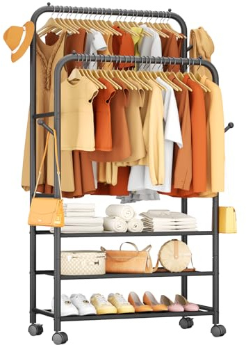 Furologee Clothes Racks for Hanging Clothes, Portable Rolling Garment Rack, Sturdy Metal Freestanding Cloths Racks with Wheels, Double Rods Wardrobe Rack for Bedroom Laundry Living Room