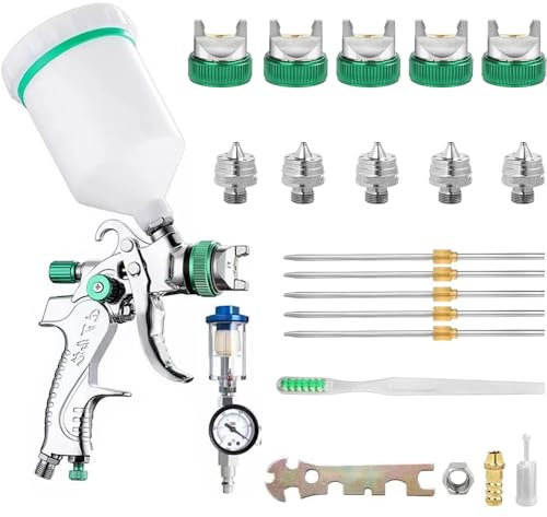 Hanured® HVLP pistola a spruzzo con 5 ugelli da 1,4/1,7/2,0/2,5/3,0mm, Aerografo per verniciare 600ml, per riparazioni di piccoli mobili per auto