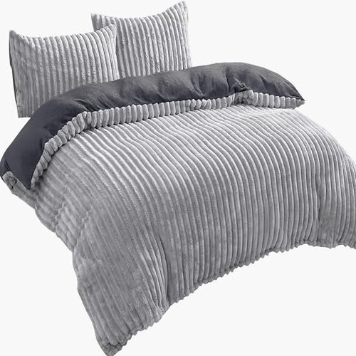 Leonado Vicenti Bettwäsche Cashmere-Touch Teddy Plüsch Set 2-teilig 135x200 cm Cord Optik Winter Coral Fleece kuschelig warm Grau Wendebettwäsche