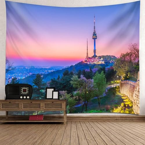 Mesnt Wandteppich Natur, 150x130cm Turm Nachtansicht Landschaft Tapisserie Dekoration für Schlafzimmer Wohnzimmer | Blau Rosa Grün